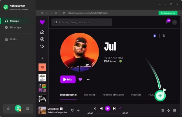 bouton flottant d'ajout de NoteBurner