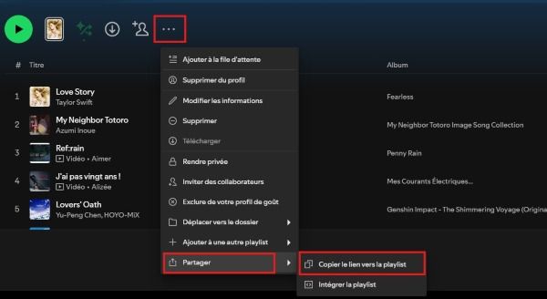 copier le lien vers la playlist spotify