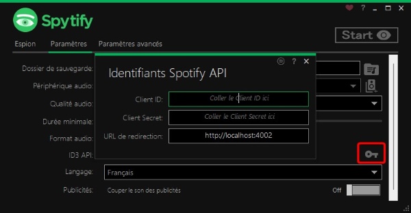 saisir identifiants spotify api dans spytify