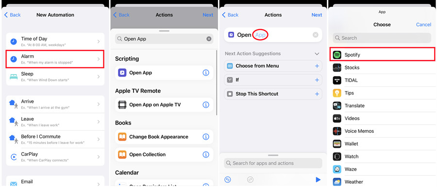 ios siri raccourcis alarme ouvrir l'application Spotify