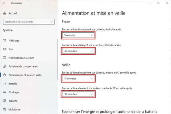 mise en veille sur windows