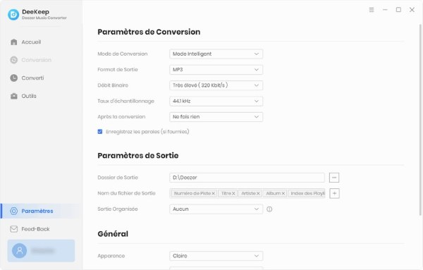 paramètres de deekeep music converter