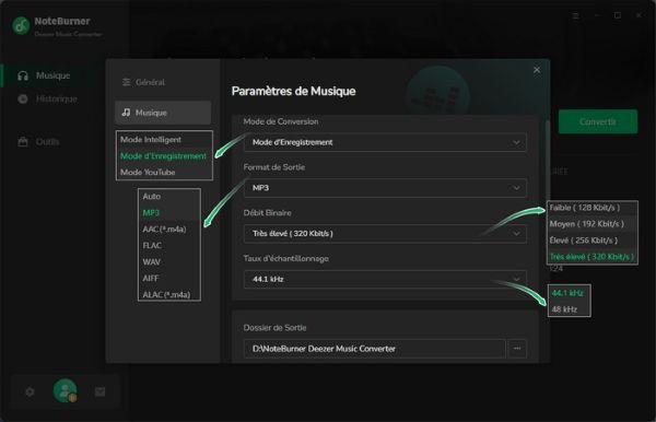 Fenêtre des paramètres de NoteBurner