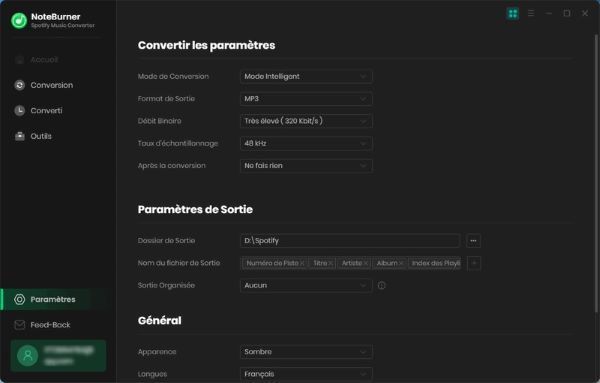 personnaliser les paramètres noteburner