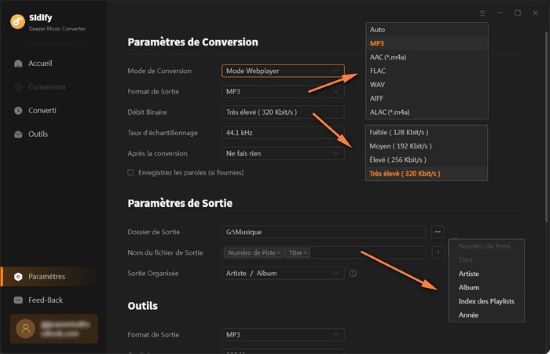 paramètre de sortie de sidify