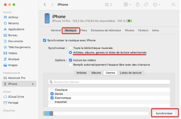synchronisation de la musique sur le finder
